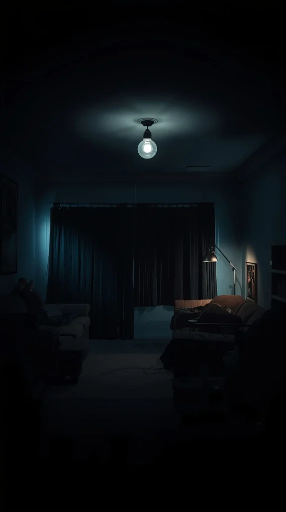 A dim living room lit by a single harsh overhead light, creating dark, unflattering shadows.