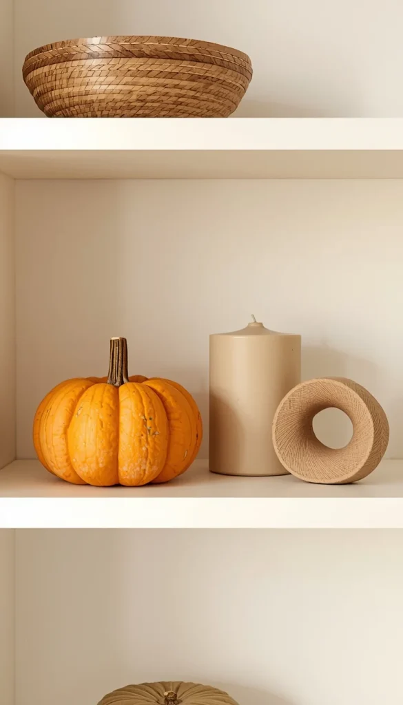 Shelf showing rotated seasonal decor items arranged neatly to maintain a fresh and uncluttered look.