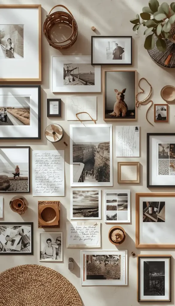 selection of meaningful items for a gallery wall including photos and artwork