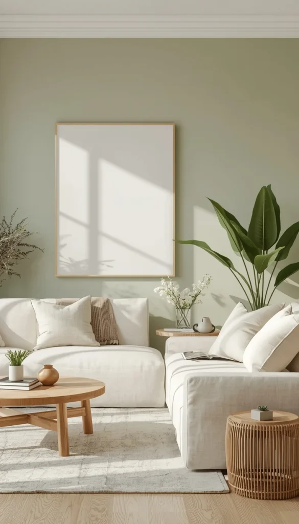Sage green neutral living room with plants and natural wood decor