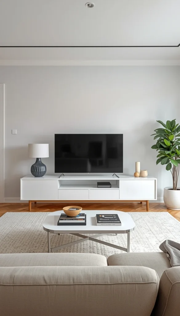 A spotless, fully decluttered modern living room showing perfectly clear surfaces and an organized, minimal design aesthetic