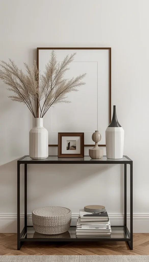 Console table with minimal decorative items and uncluttered surface demonstrating a clear base for styling.