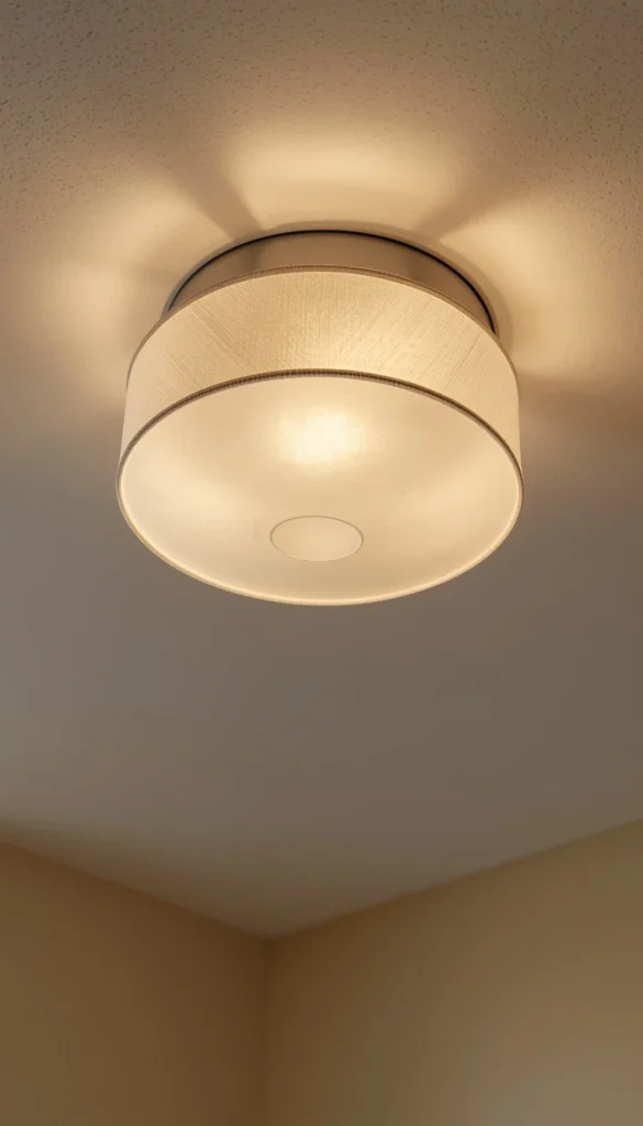 A modern flush mount ceiling light with a frosted glass shade casting soft ambient light.
