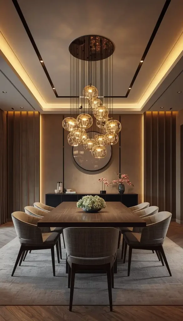 Statement lighting dining room with chandelier modern interior design