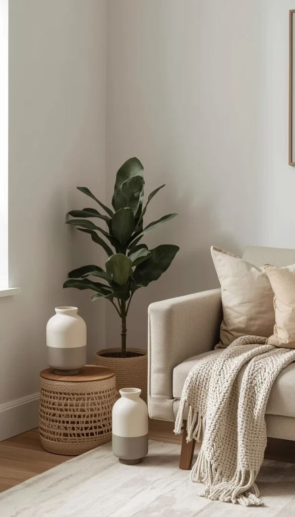 Living room corner with decorative items in a cohesive color palette showing organized and harmonious styling