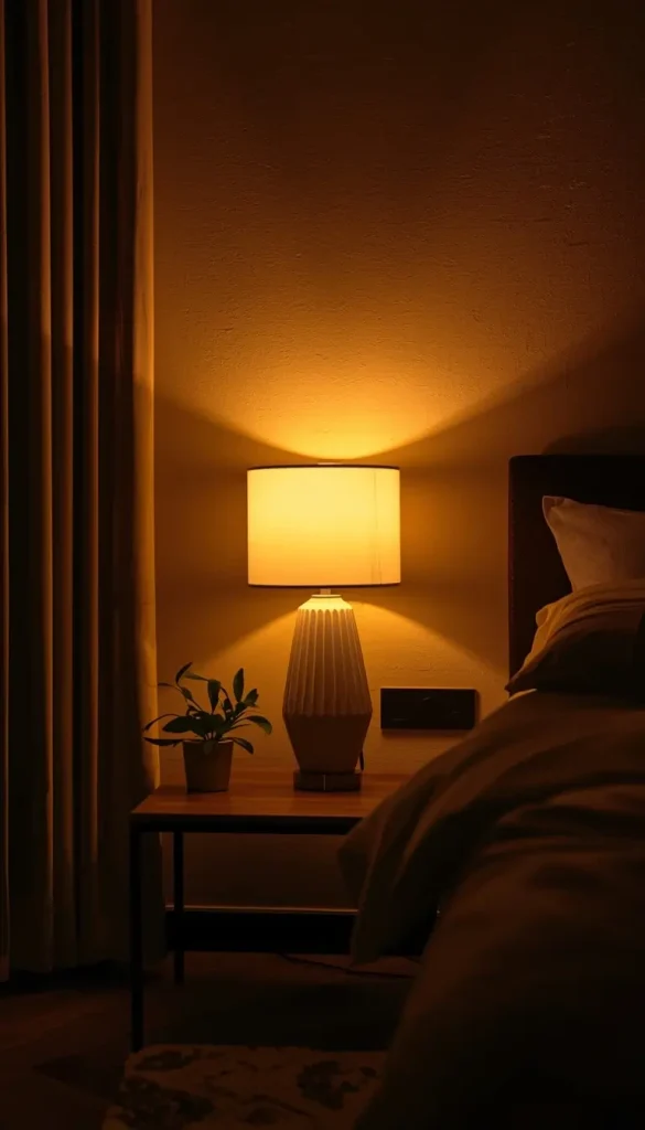 A cozy bedroom illuminated entirely by warm, golden 2700K light from bedside table lamps.