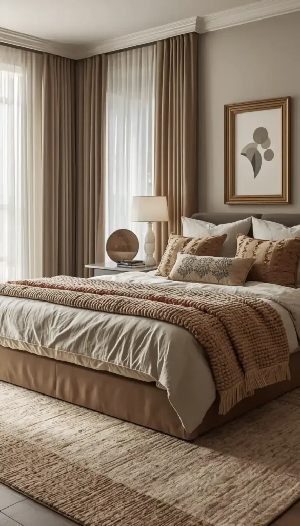 Bedroom with layered bedding, cushions, throws, rug, patterned accents, and layered curtains showing full fabric layering.