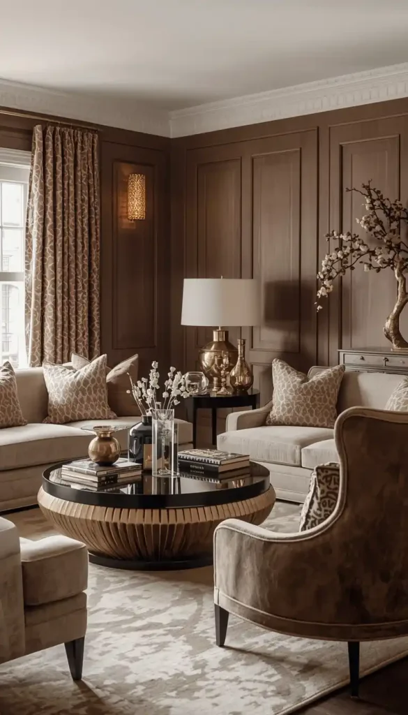 Taupe living room with elegant furniture and warm neutral color palette