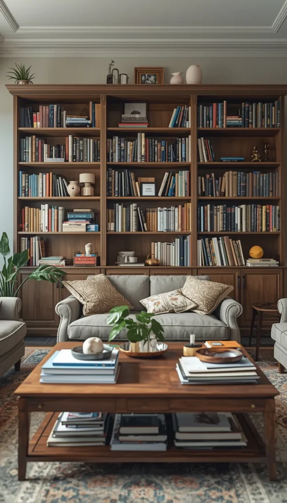 A highly cluttered living room shelf and coffee table covered in excessive, unorganized decorative items