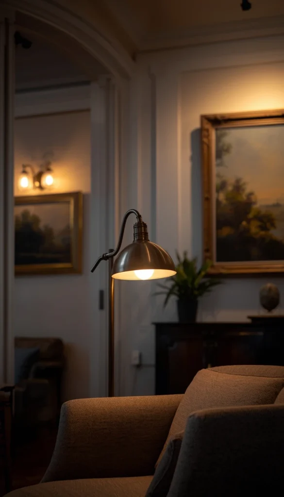 A living room demonstrating ambient, task, and accent lighting working together harmoniously