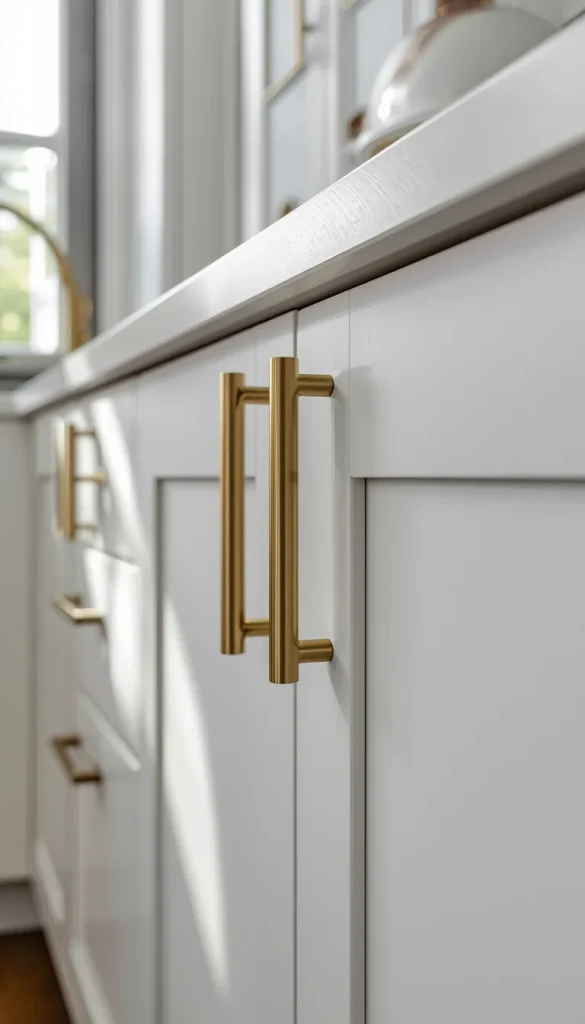 Close-up of modern brushed brass cabinet handles on white kitchen cabinets