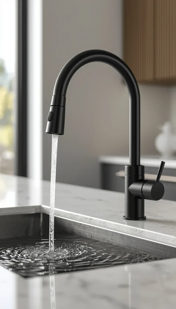 Modern matte black kitchen faucet with pull-down sprayer