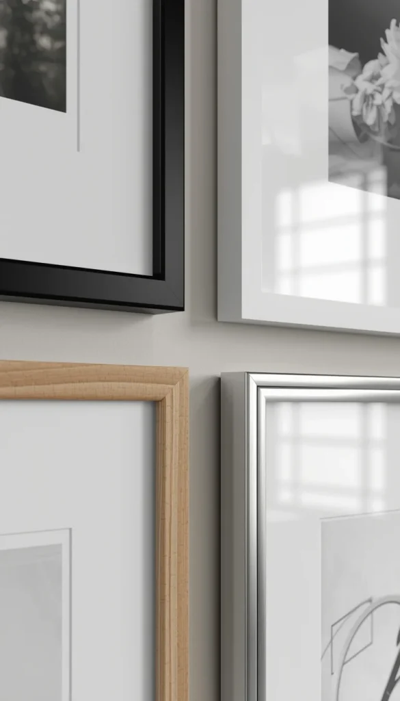 different frame styles for gallery wall including wood black and metal frames