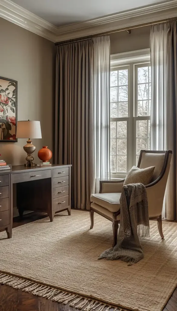 Home office with layered chair cushion, throw, rug, accent pillows, and layered curtains showing all fabric layering techniques