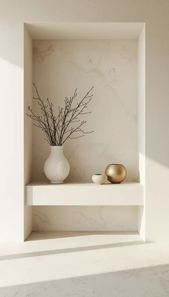 Minimalist shelf with a single decorative vase and empty space around it demonstrating intentional use of negative space.
