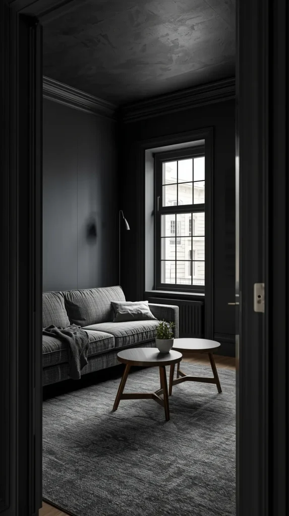 A small, cramped living room painted entirely in dark charcoal grey, making it feel enclosed.