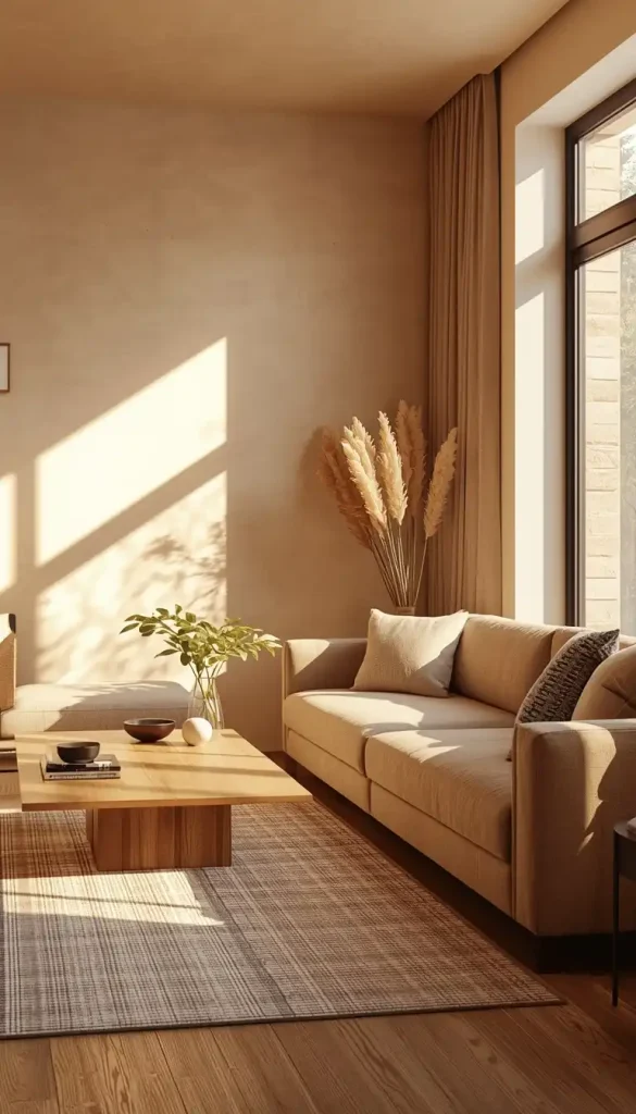 Warm neutral color palette living room with beige walls and taupe sofa modern design