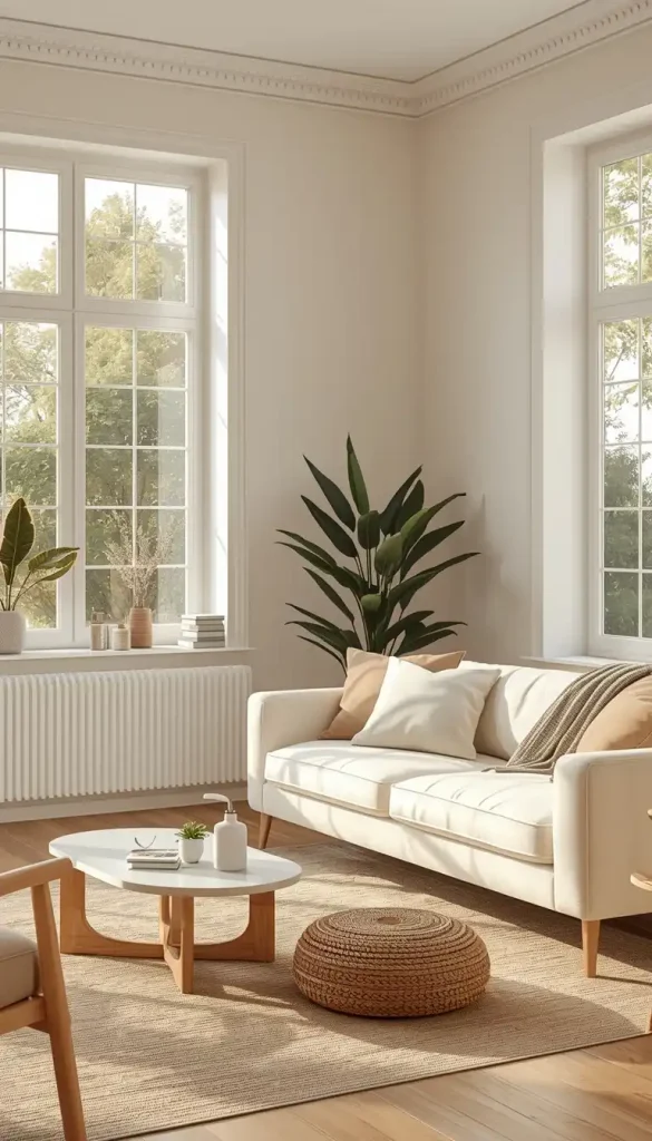 Warm white living room with soft lighting, cream sofa, and natural wood decor