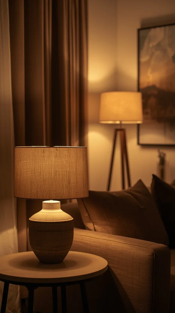 A cozy living room corner illuminated by warm layered lighting from a modern floor lamp and table lamp