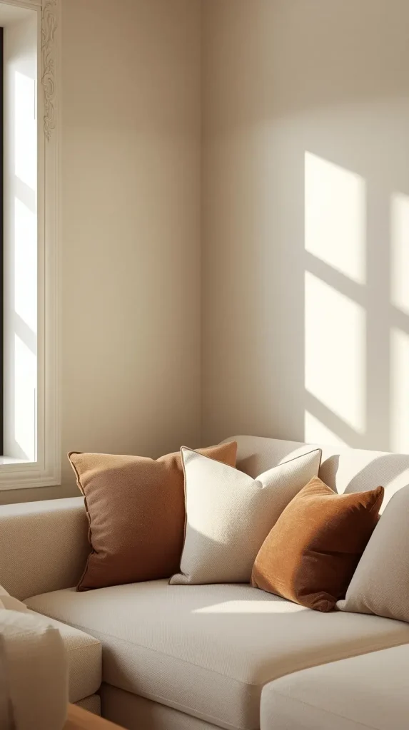 A modern living room sofa showcasing a soft, warm neutral color palette with beige and taupe accents