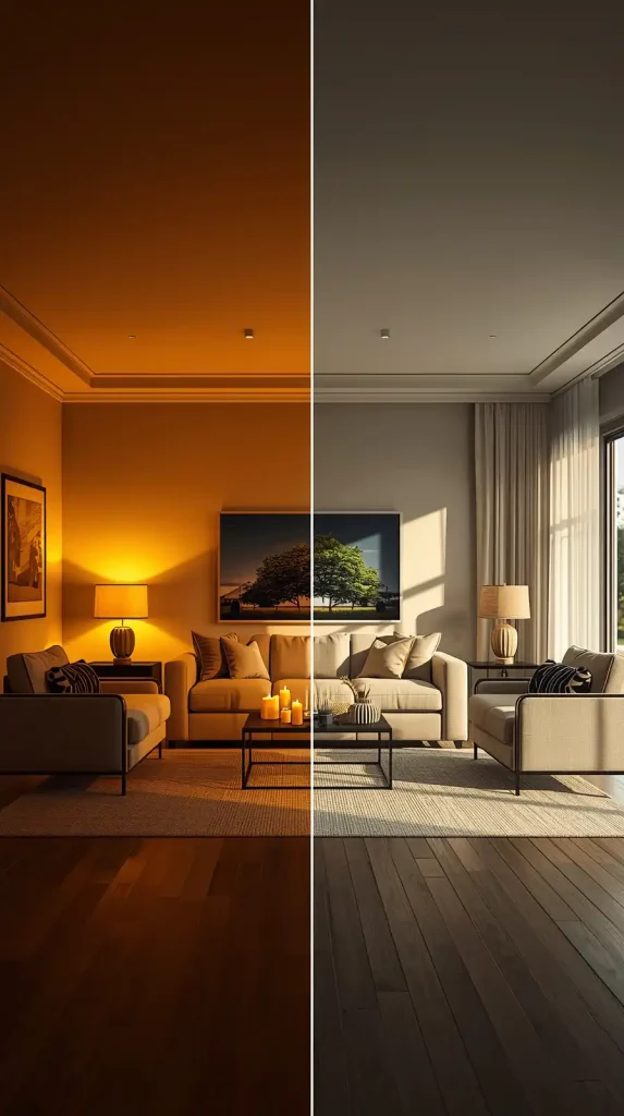 Living room showing warm cozy lighting with lamps and candles in winter versus bright natural sunlight during summer months.