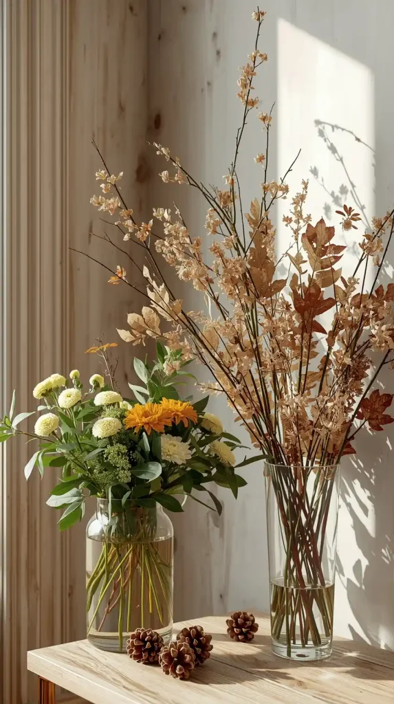 Home interior featuring seasonal natural elements including fresh spring flowers, green plants, and autumn dried branches and pinecones. Suitable for Home Decor Between Seasons moments