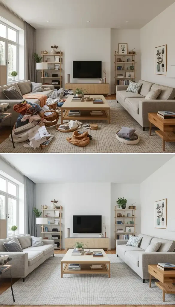 Before and after seasonal decluttering of a living room, showing clean organized space versus a cluttered, crowded interior environment.