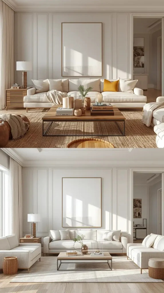 A living room styled with layered winter accessories like candles and trays compared to a minimal, decluttered summer look.