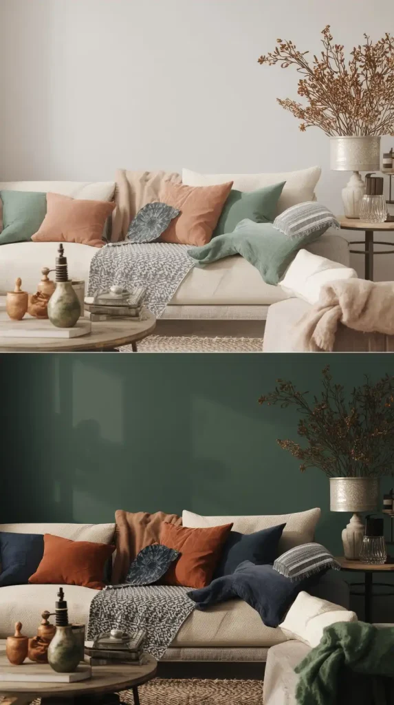 Living room showing seasonal accent color transitions from soft spring pastels to deep autumn tones, keeping a neutral furniture base.