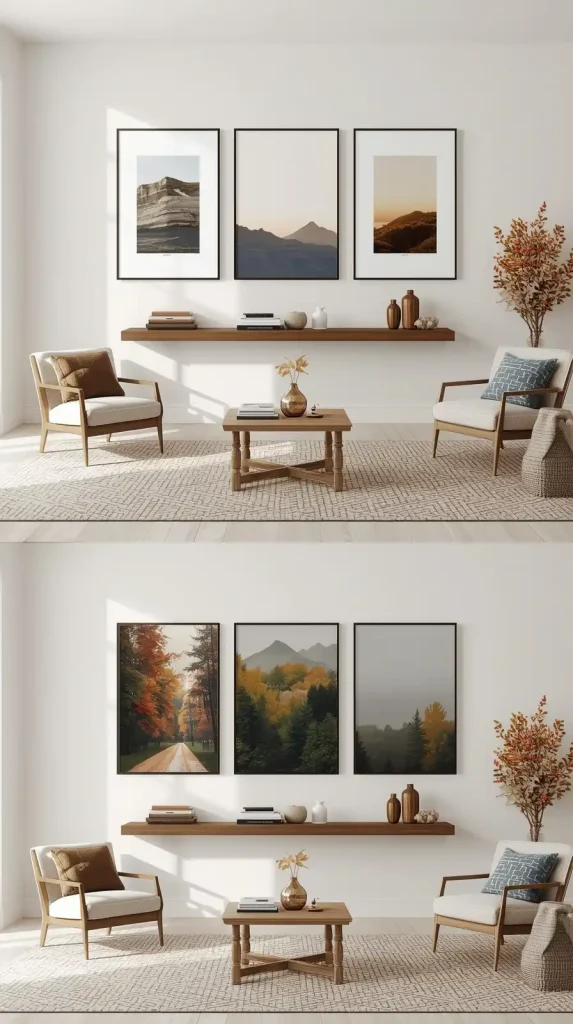 Wall art and shelf decor updated for seasonal transitions, with light spring prints and warm autumn artwork for dynamic interior.