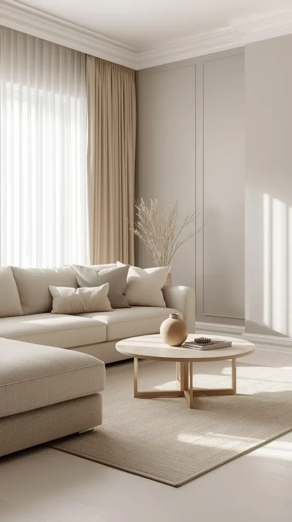 A modern living room with a neutral beige sofa, soft gray walls, light wood furniture, and minimal, elegant decor.
