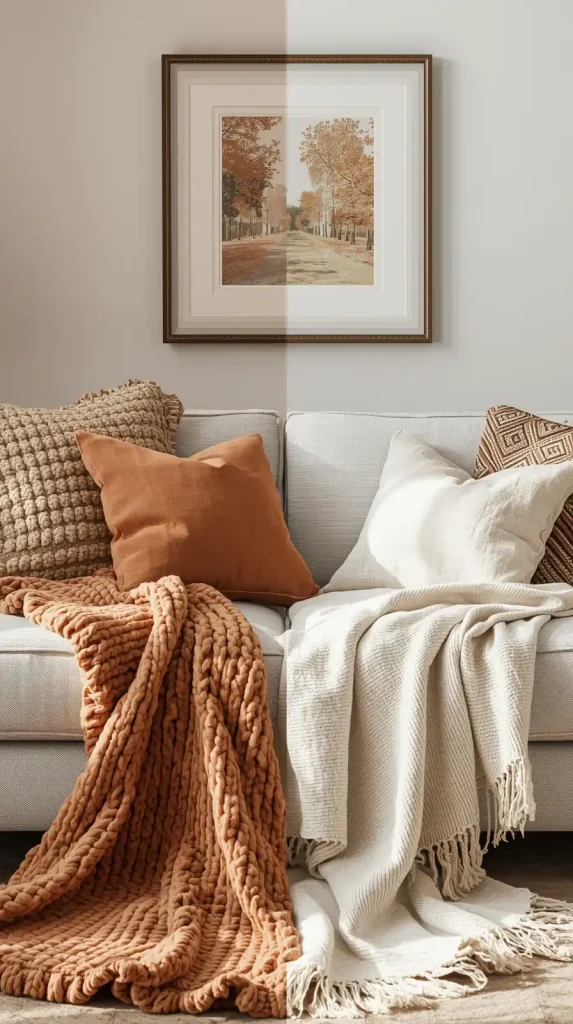 Seasonal textile changes in a living room with cozy winter blankets, velvet cushions, and light summer linen fabrics for contrast.
