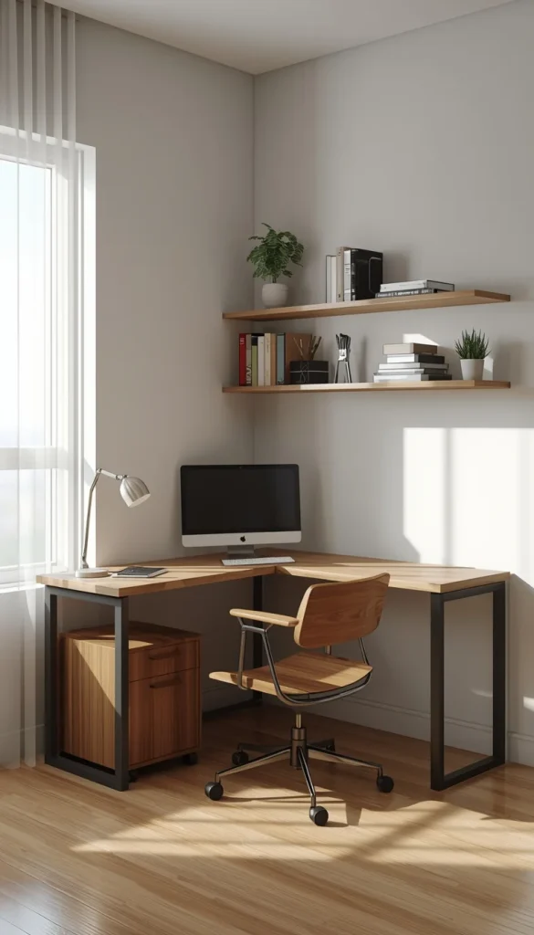 Compact corner wooden desk and chair setup designed for efficient space use