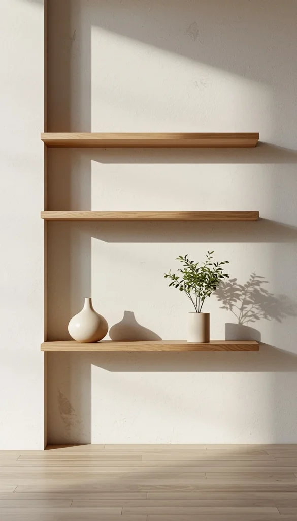 floating shelves with minimal decor negative space wall styling