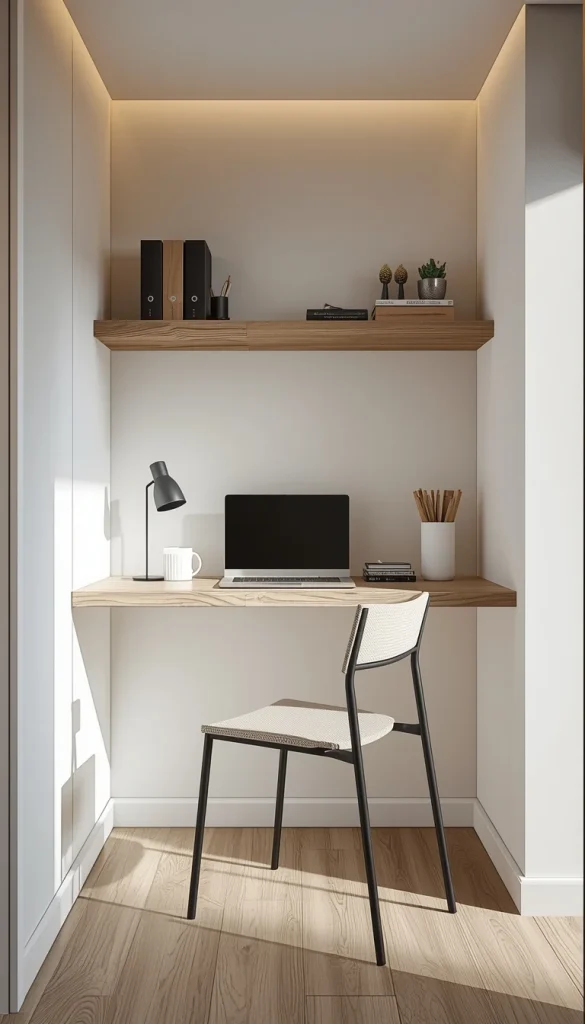 Floating wooden desk and chair setup designed for a small modern home office