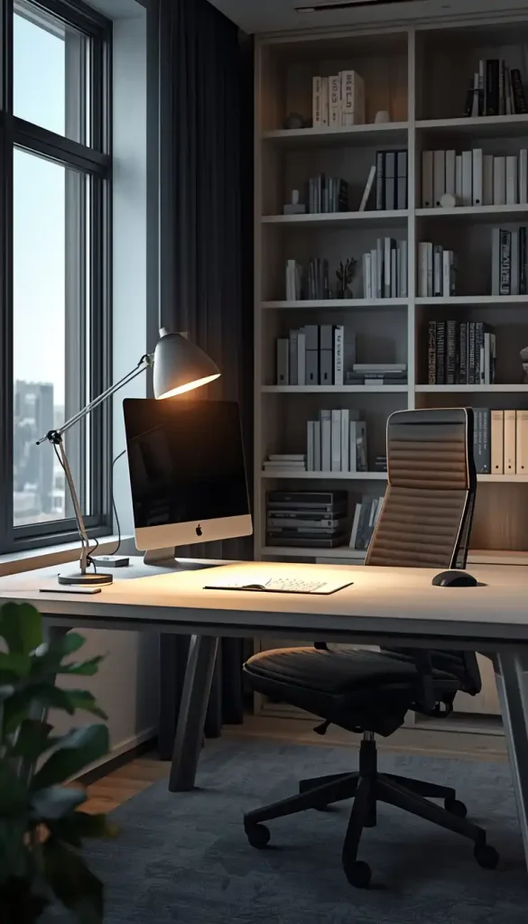 Home office with desk lamp and natural daylight for focused productivity