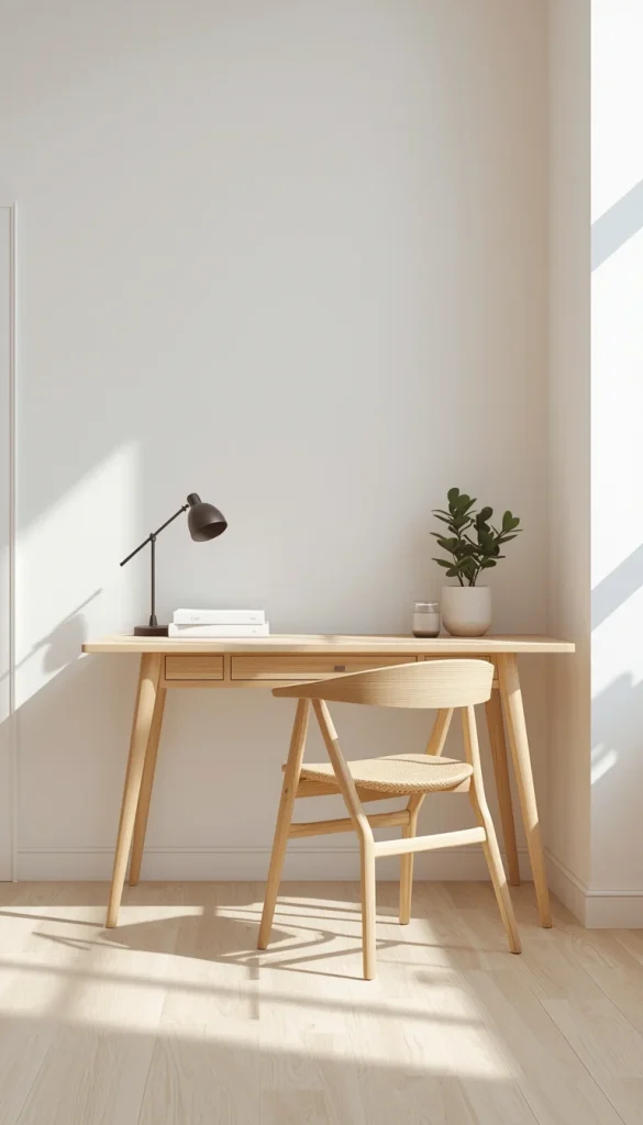 Minimalist light wood desk and chair setup in a bright modern home office