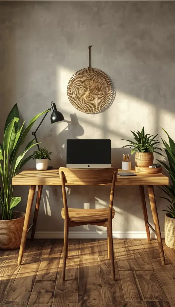 Rustic modern wooden desk and chair creating a warm and cozy home office space
