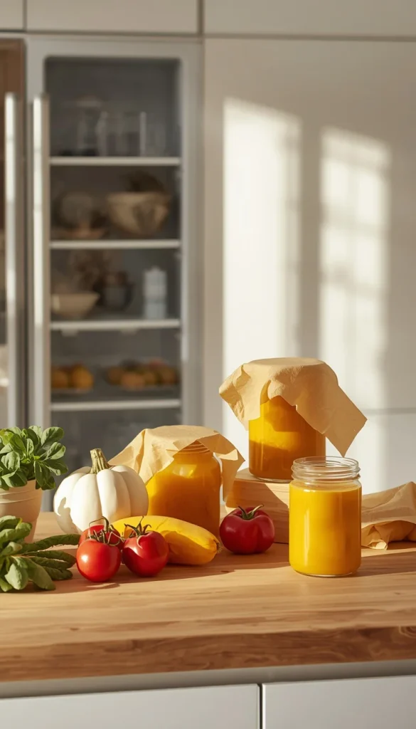 Beeswax food wraps covering fresh fruits and vegetables on a wooden kitchen counter in a clean eco friendly minimalist kitchen with natural light and aesthetic styling