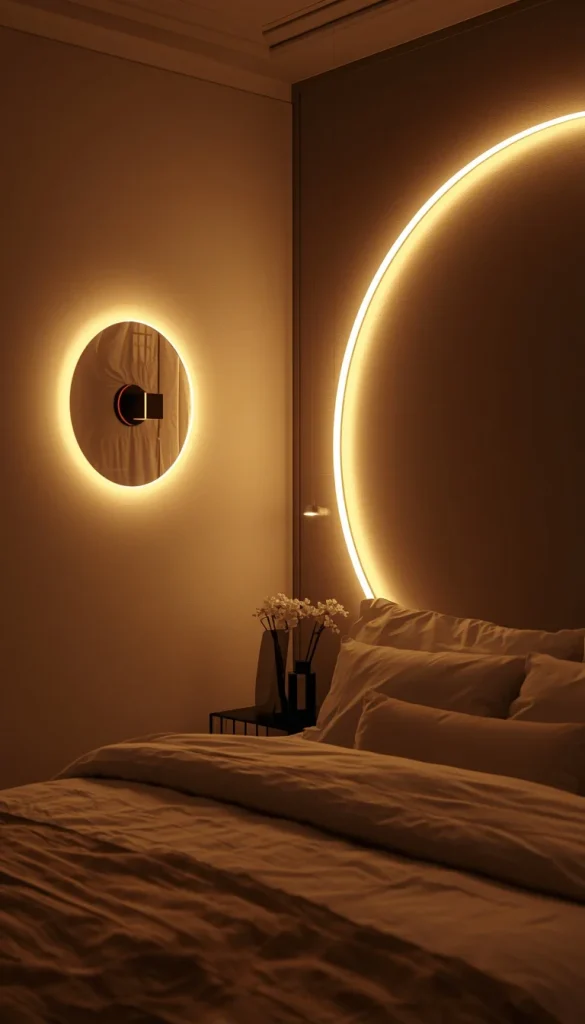 Circular halo LED wall lights creating elegant glowing rings on bedroom walls in a luxury minimalist hotel-style interior design.