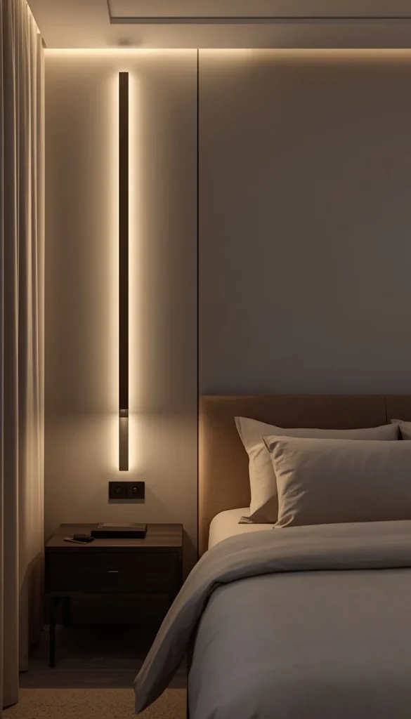 Minimalist black linear LED wall lights creating vertical ambient glow in a modern luxury bedroom with clean architectural lighting design.