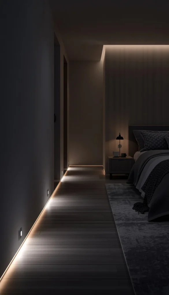 Indirect LED strip lighting behind bed and under frame creating floating glow effect in a luxury modern bedroom with cinematic aesthetic.