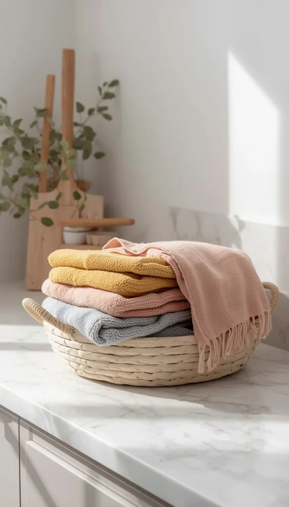 Multicolored reusable cotton paper towels neatly arranged in a basket on a modern kitchen counter with neutral tones, soft lighting, and a clean minimalist aesthetic home design