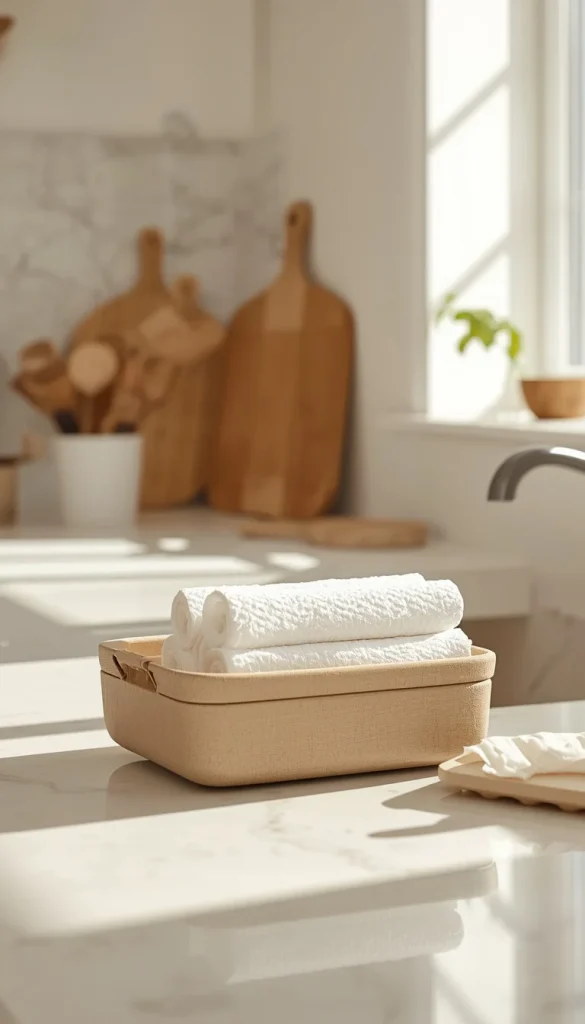Stacked organic cotton reusable paper towels placed in a woven kitchen basket on a clean minimalist countertop with soft natural light in a modern aesthetic home kitchen