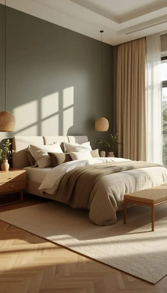 Sage green and cream bedroom decor with calming modern interior styling