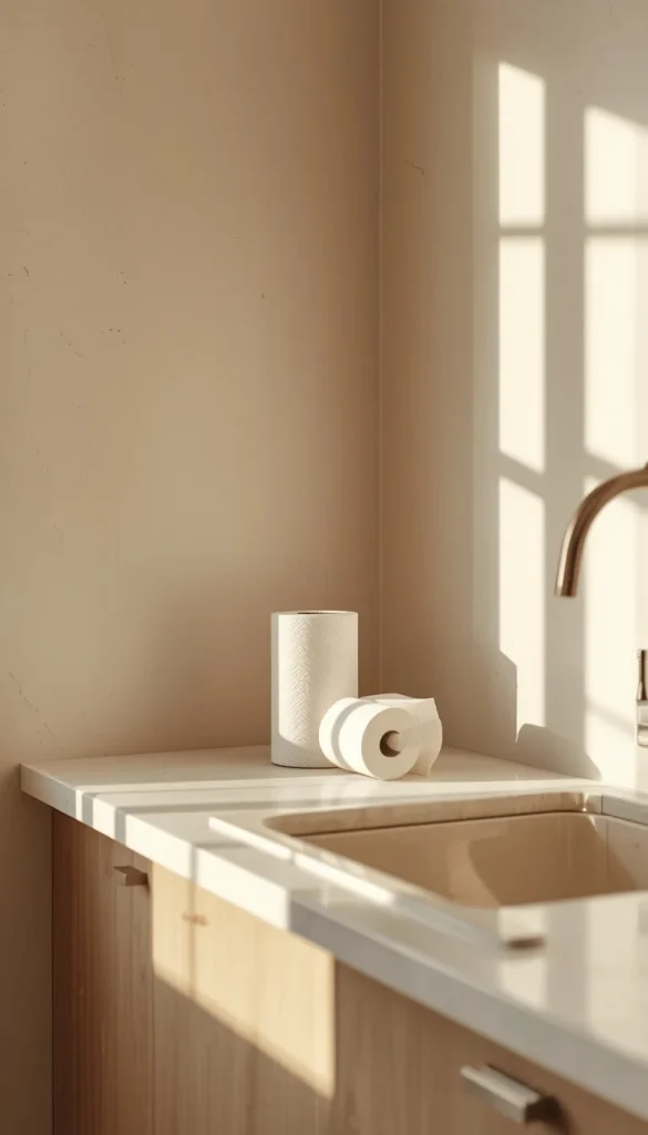 Small set of organic cotton reusable paper towels placed beside a ceramic sink in a clean minimalist kitchen with warm tones and soft natural daylight