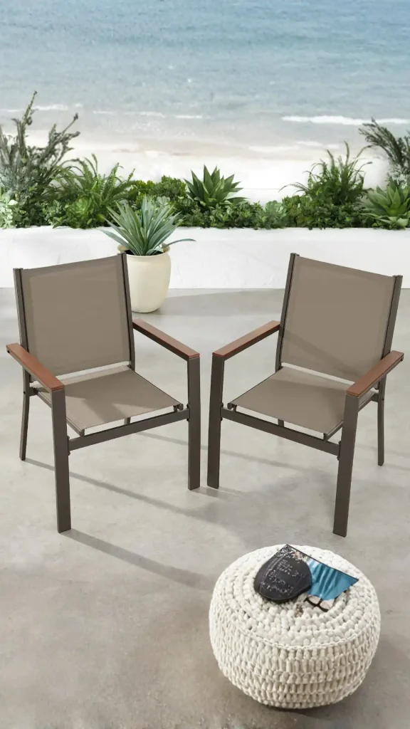 Modern stackable outdoor chairs with armrests for patio seating