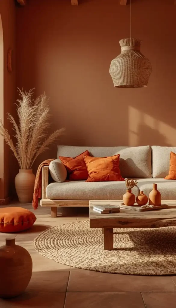 Earthy terracotta and taupe living room decor with warm modern interior design