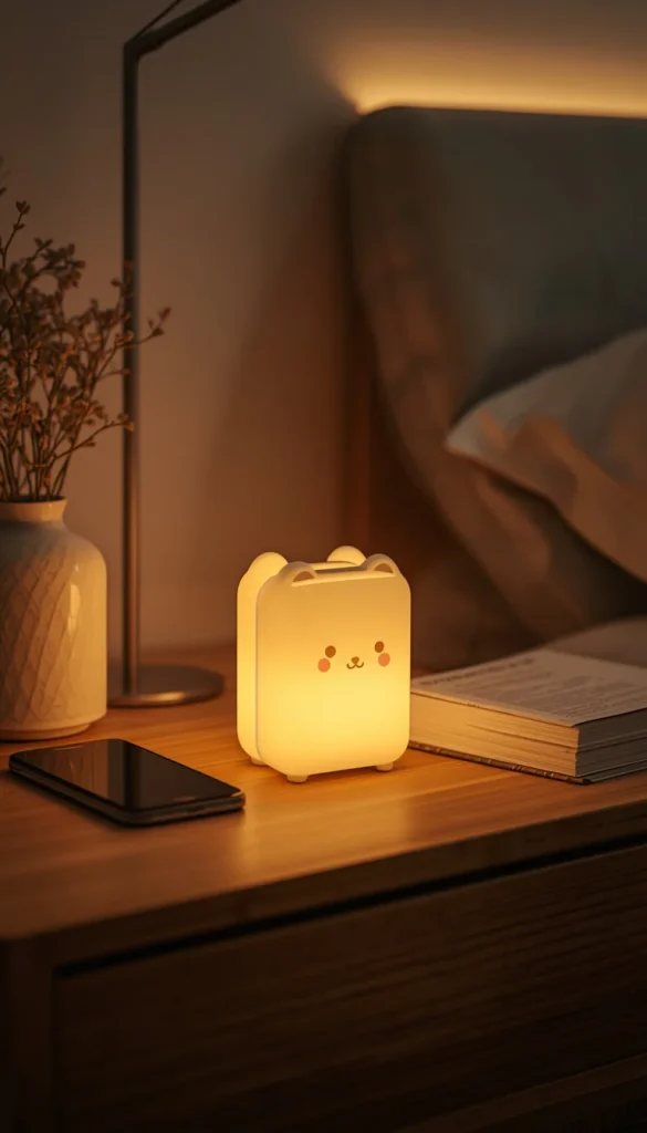 Cute toast shaped LED night light glowing warmly on a minimalist wooden bedside table in a cozy modern bedroom with soft aesthetic lighting.