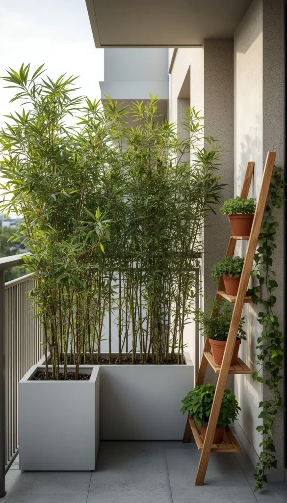 A modern apartment balcony with a natural privacy screen made of tall clumping bamboo in minimalist white rectangular planters, smaller terracotta pots with fresh herbs on a wooden ladder shelf, and trailing ivy on the railing.